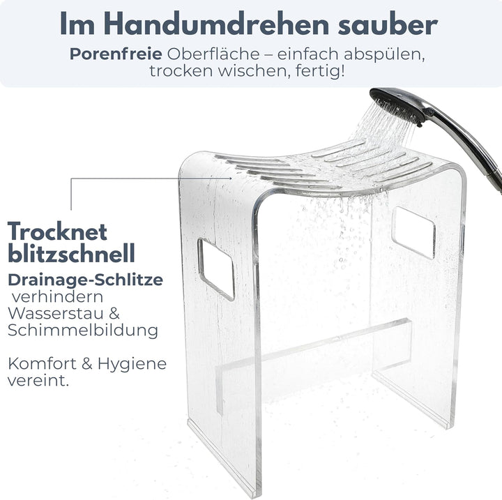 StarK Duschhocker aus klarem Acryl - 43 cm hoch - U-Form mit Ablauf-Schlitzen - rutschfest & rostfre