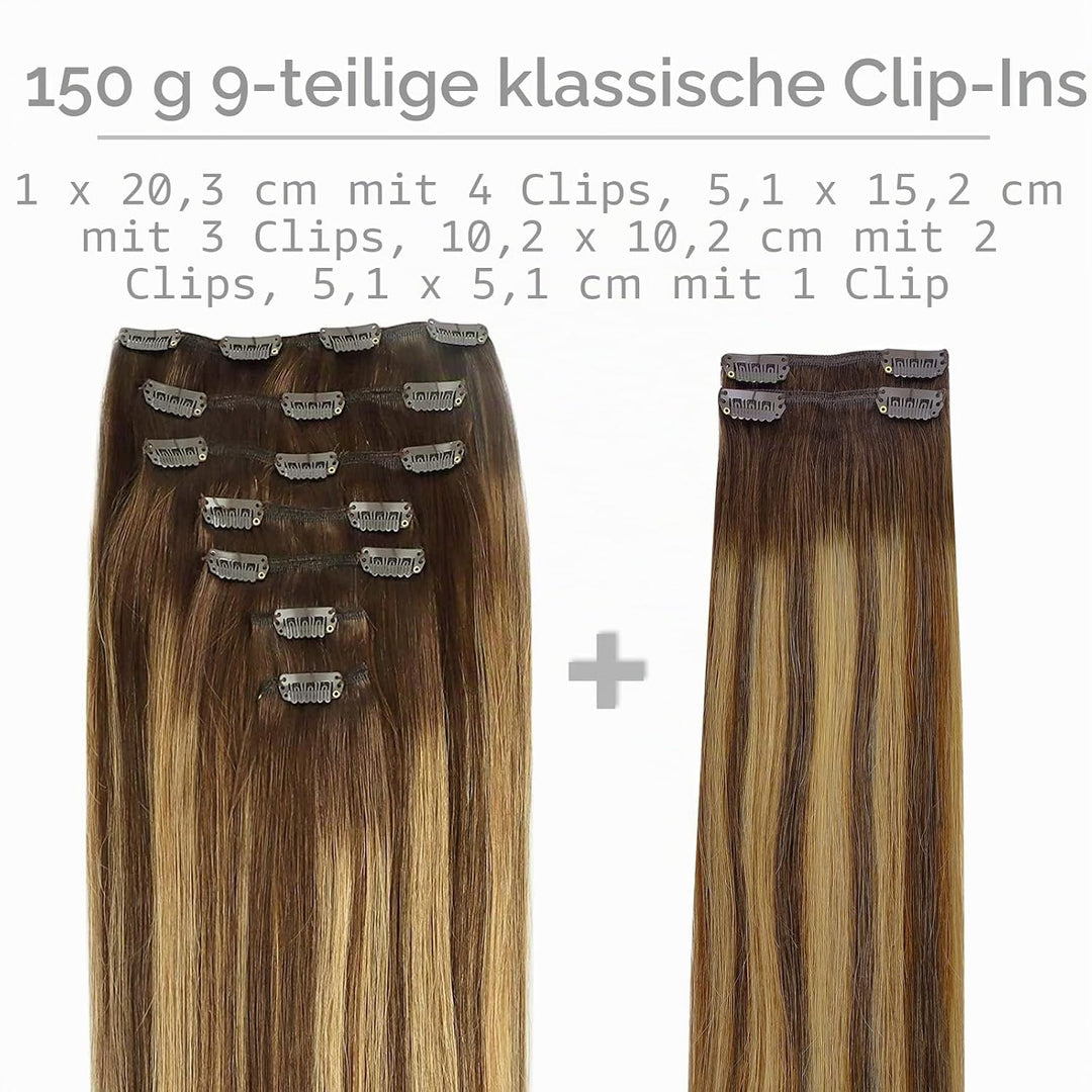 WENNALIFE Clip In Extensions Echthaar, 150g 60cm 9pcs Balayage Schokoladenbraun bis Karamellblond Cl