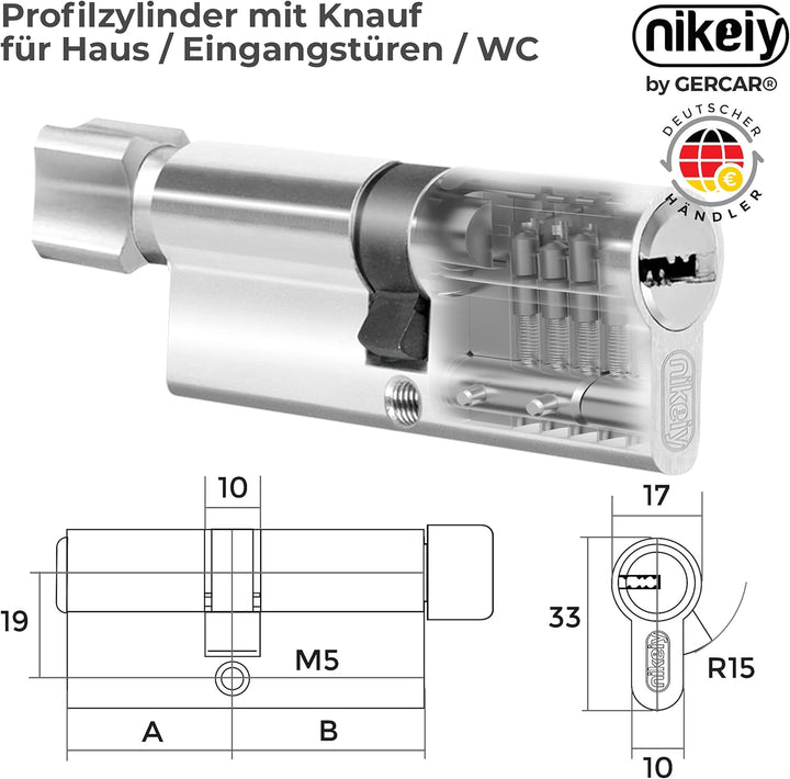 GERCAR 4x Knaufzylinder gleichschliessend 4 Schliesszylinder 30/30 inkl. 20 Schlüssel - 60 mm - Türs