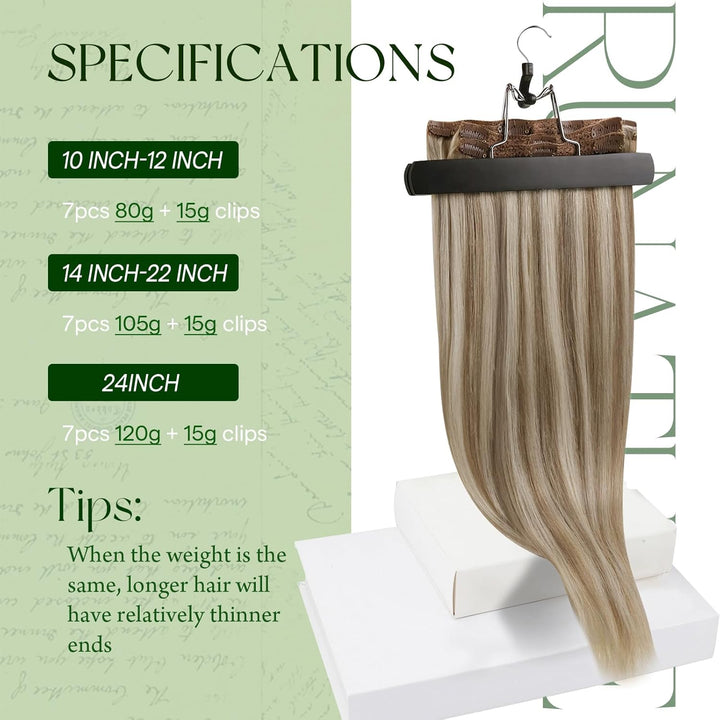 RUNATURE Echthaar Extensions Clip Braun Blond Echte Haare 25cm 7 Stück Clip in Extensions Echthaar B