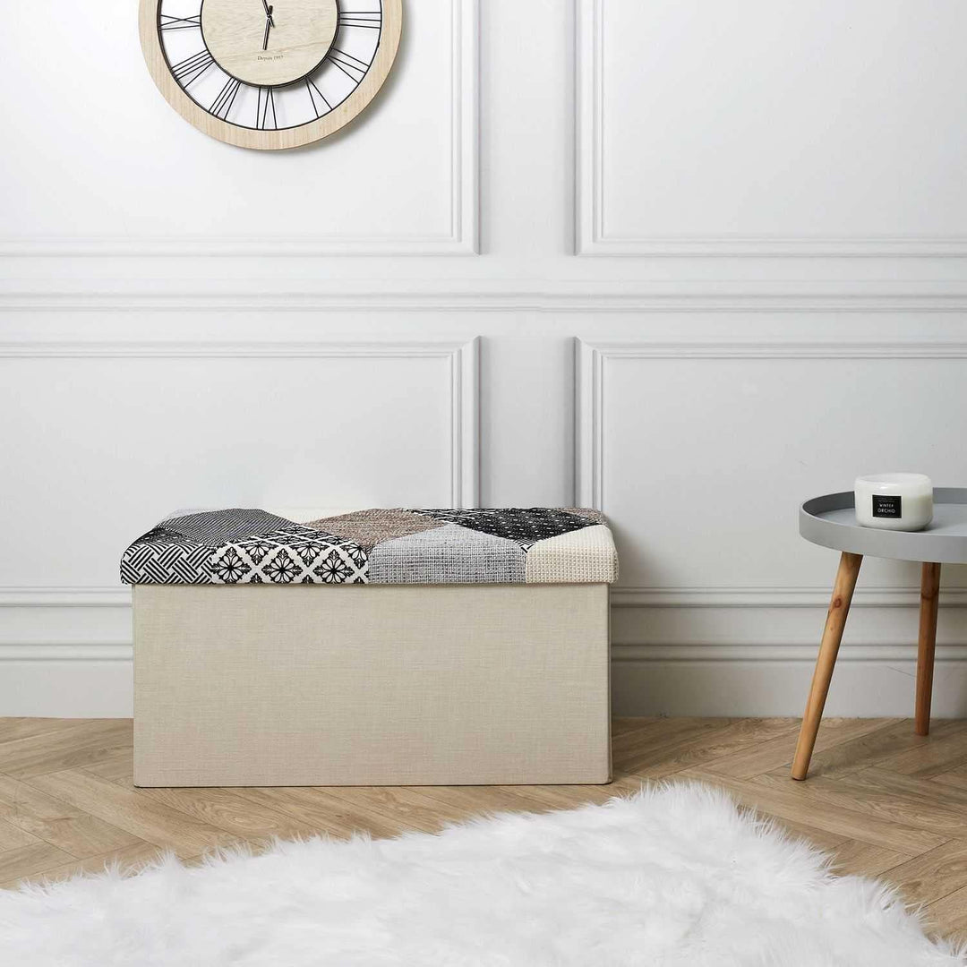 HOME DECO FACTORY Chest, Bench, Patchwork, Grey, Bench, Foldable, for Living Room, Bedroom, Dining R