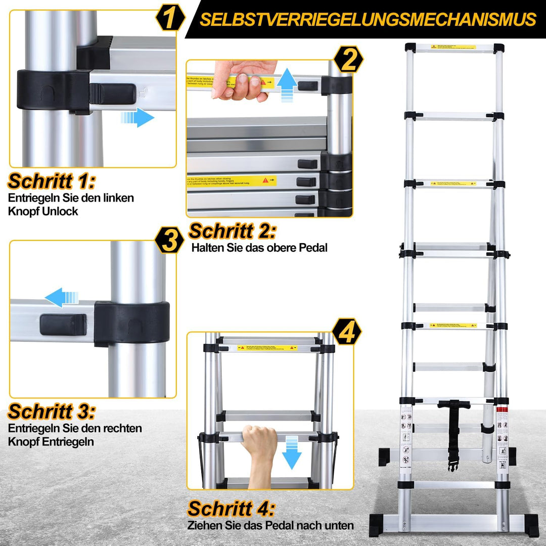 Fiqops 1.7M+2.0M Teleskopleiter 5 + 6 Stufen Klappleiter A-Rahmen Max Belastung 150 KG/330 Pfund, Al