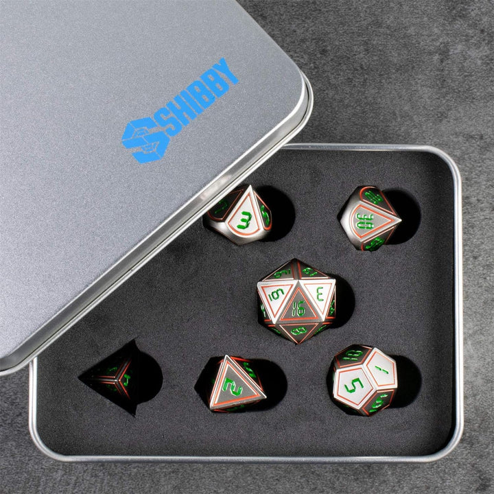 shibby 7 polyedrische Metall-Würfel für Rollen- und Tabletopspiele in Digital Optik D3 inkl. Aufbewa