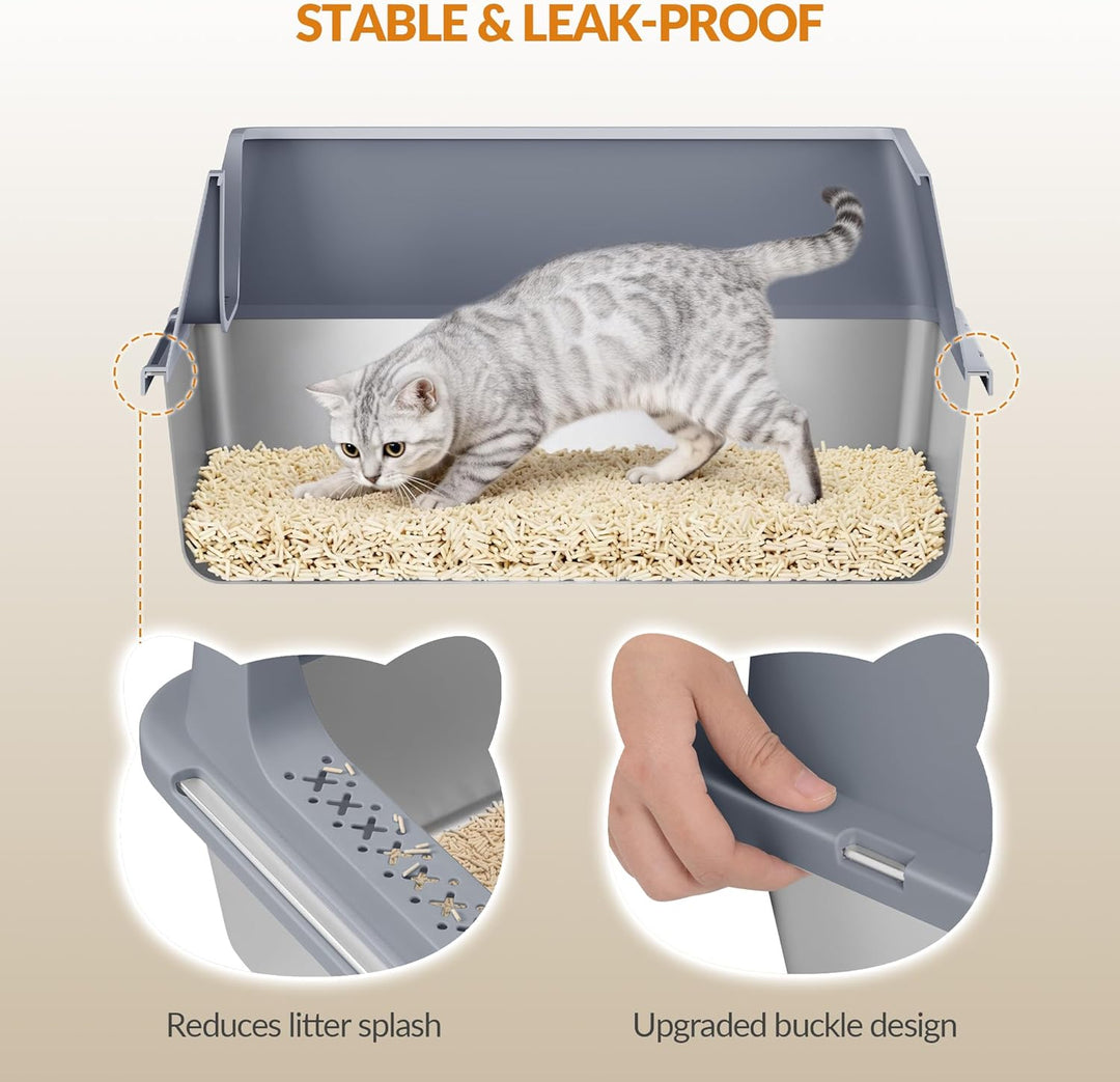 Katzenklo Edelstahl, XXL Metall Katzentoilette Gross, Katzenklo Edelstahl mit Hoher Rand, mit Schauf
