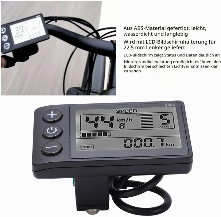 LCD Display für Fahrrad, ABS-Material, Wasserdicht, mit Hintergrundbeleuchtung, 22,2mm Lenkerhalteru