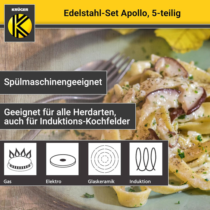Krüger Edelstahl Kochtopf-Set Apollo 5-teilig - Topfset aus 4 Kochtöpfen und einer Stielkasserolle m