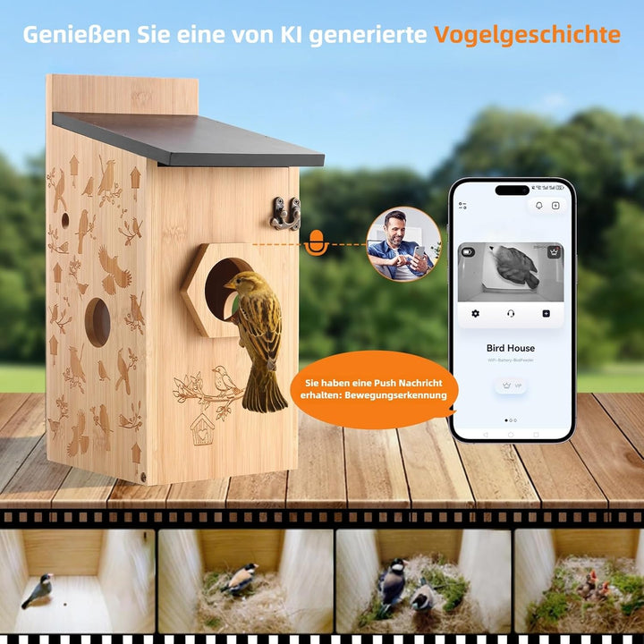 Vogelhaus mit 4MP Kamera, Nistkasten für Vögel für Draussen Wetterfest, 2,4 G WiFi & App Benachricht