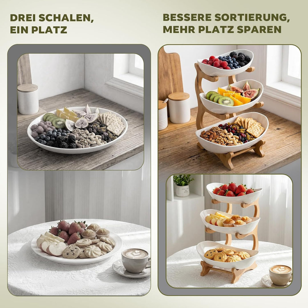 Obstständer 3-stöckig aus Bambus, Mehrstöckiger Obstkübel mit Schalen, Küchenorganizer für Obst und