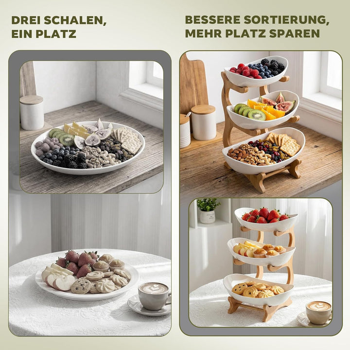 Obstständer 3-stöckig aus Bambus, Mehrstöckiger Obstkübel mit Schalen, Küchenorganizer für Obst und