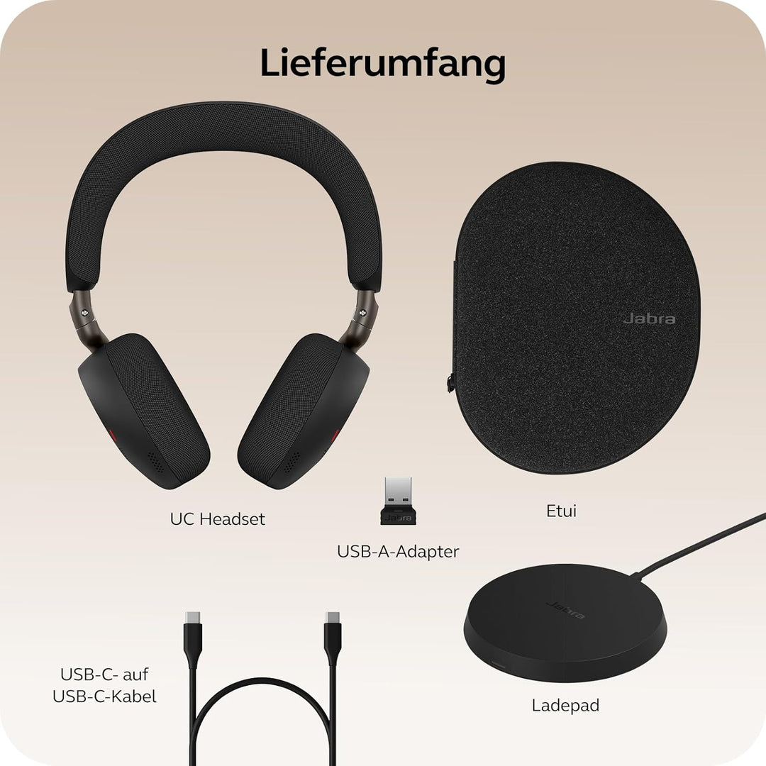 Jabra Evolve3 75 On-Ear Bluetooth Headset kabellos mit Mikrofon & Ladestation für Büro, USB-A, KI-Sp