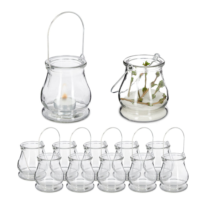 72 x Windlicht, aus Glas, Henkel zum Aufhängen, innen &amp; aussen, Teelichthalter, H x D: 10 x 8,5 cm,