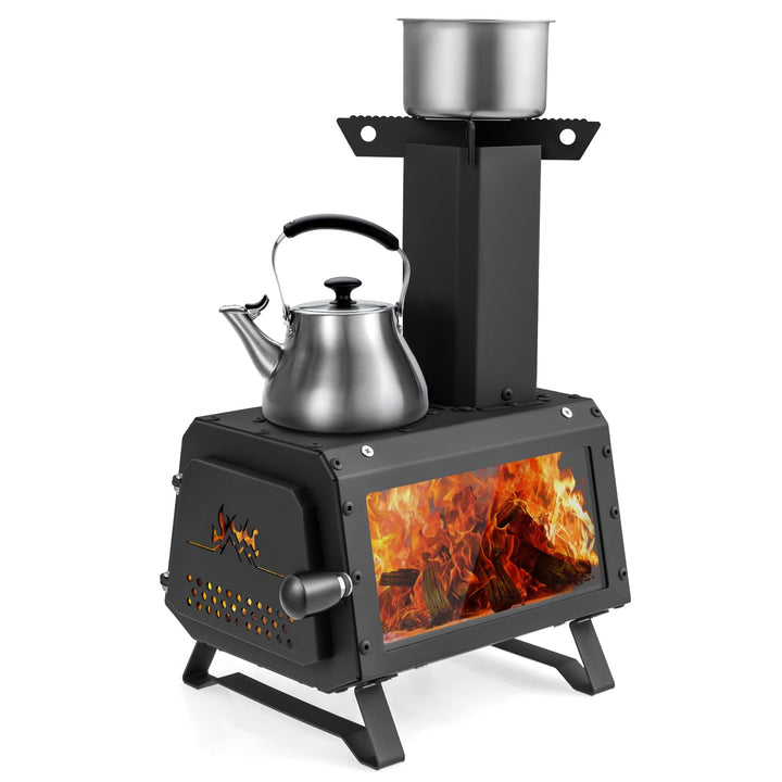 FANTASK tragbarer Holzofen, Raketenofen Outdoor inkl. 2 Kochflächen mit Sichtscheibe und Aschepfanne