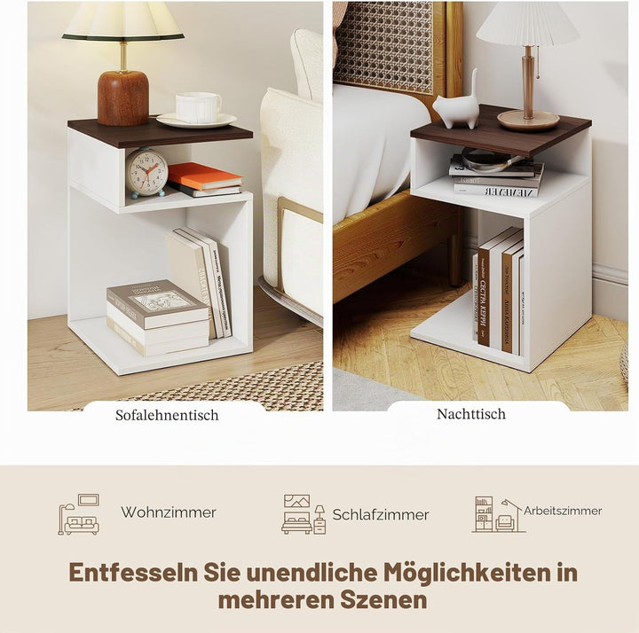 LIFEZEAL Beistelltisch S-Form, Multifunktionaler Sofatisch, Kleines Bücherregal mit 3 Etagen, Modern