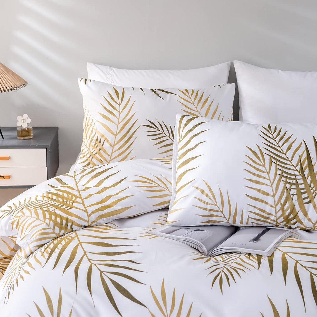 Damier Bettwäsche 135x200cm Gold Weiss Blätter Muster Bettbezug Set 2 Teilig Weiche Microfaser Decke