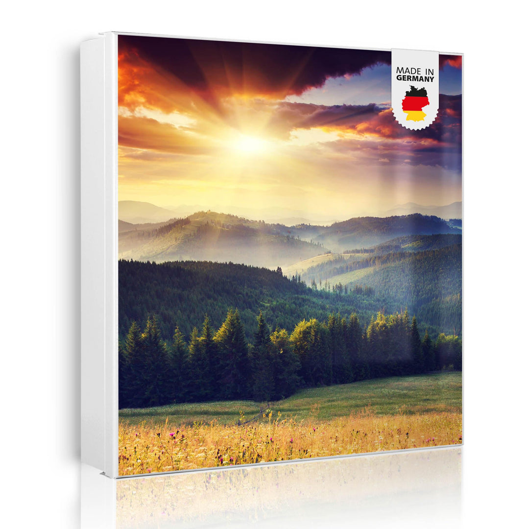 banjado® Grosser Schlüsselkasten Glas/Schlüsselbox 30cm x 30cm mit 50 Haken - Motiv Karpaten Sunset/