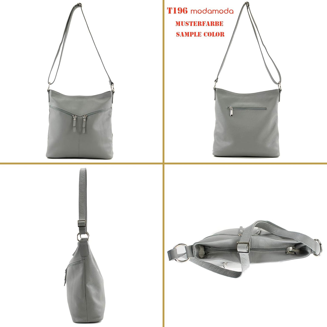 modamoda de - T196 - ital Umhängetasche Schultertasche aus Leder Lightgold Metallic, Lightgold Metal