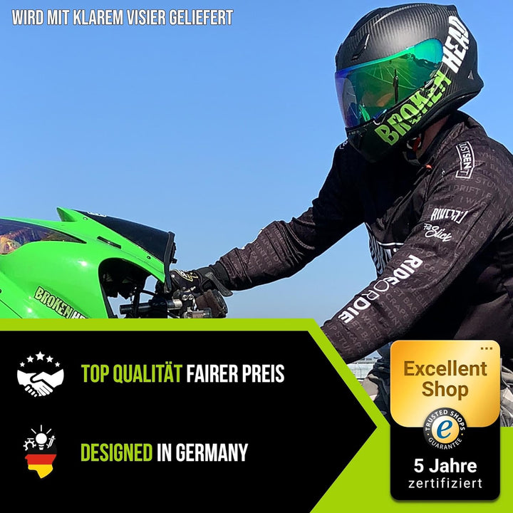 Broken Head BeProud Carbon Grün matt Limitierte Sonderedition - sportlicher Racing Motorrad-Helm S (