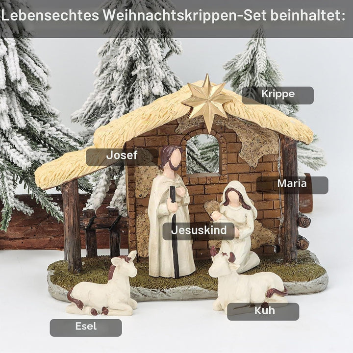 Topsky Krippenfiguren Set – Weihnachtskrippe mit Beleuchtung, 5pcs Krippenset Handbemalt – Weihnacht