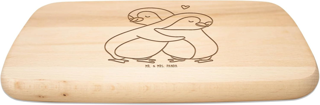 Mr. &amp; Mrs. Panda Holzbrett Pinguine Kuscheln - Geschenk, Valentinstag, Frühstücksbrett, Hochzeitstag