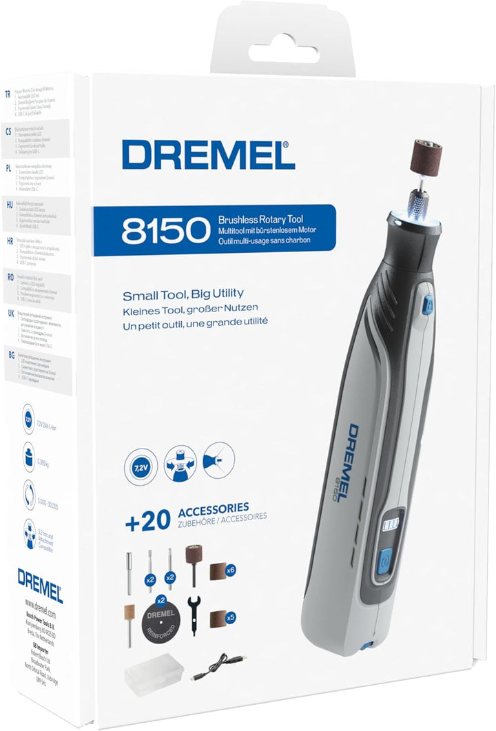Dremel 8150 Bürstenloses Akku-Multitool-Set, 7,2V 2Ah per USB-C Aufladbarer, 20 Zubehöre, Variable D