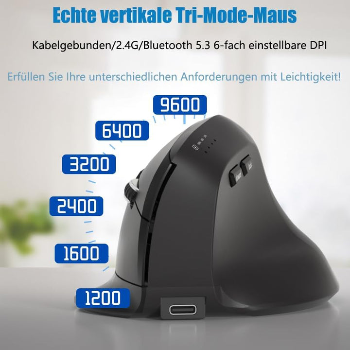 Funkmaus Ergonomisch 3 Modi [Bluetooth 5.2, 2.4 G, Kabelgebundene] Wireless Vertikale, Wiederaufladb