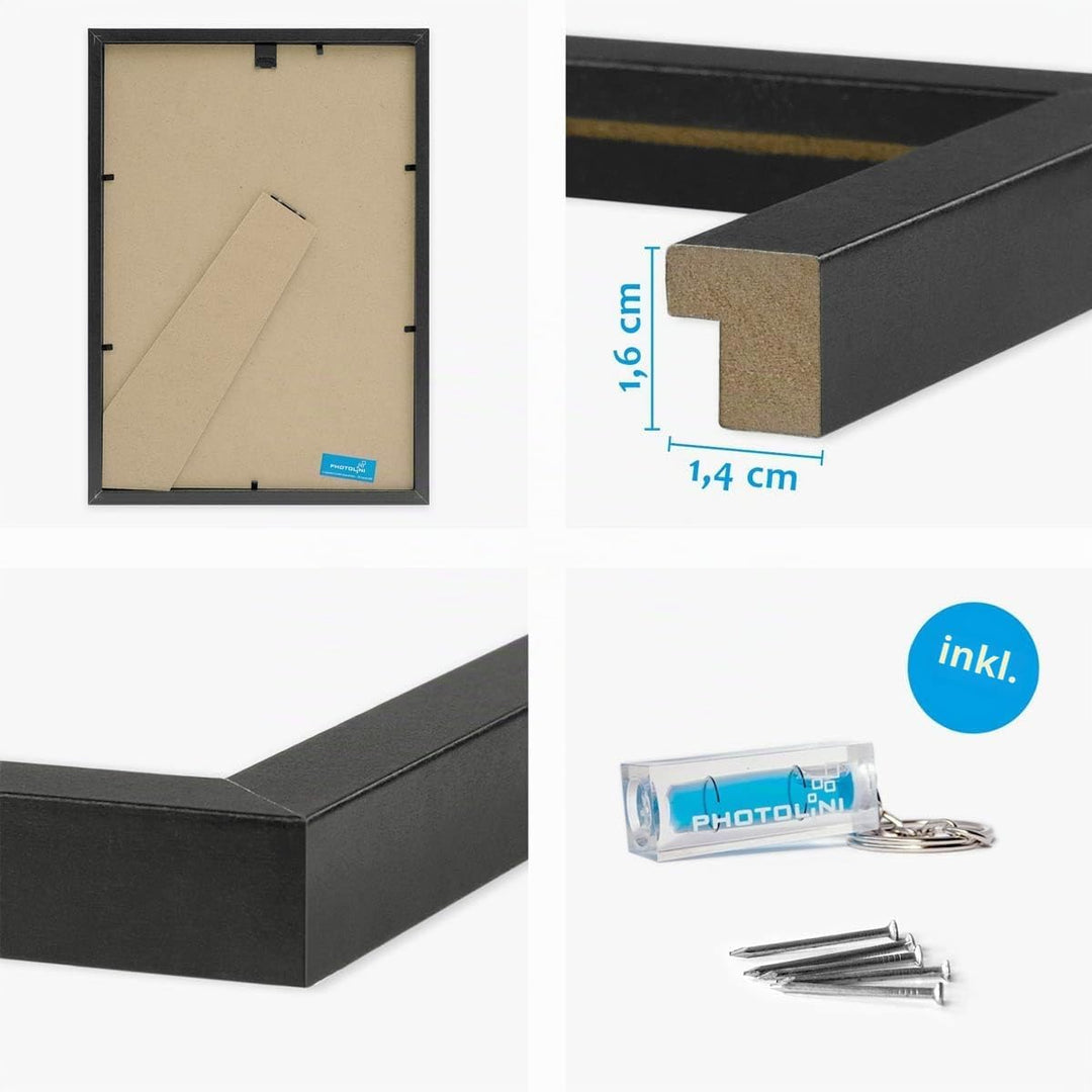 PHOTOLINI A4 Rahmen 21x30 MDF Holz Schwarz, 3er Set Bilderrahmen für Poster und Poster, bruchsichere