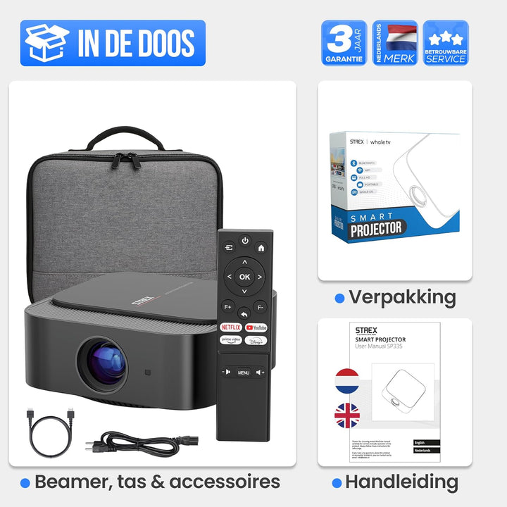 Strex Beamer - Smart 1080P Full HD Projektor - 4K Unterstützung - WiFi & Bluetooth - Eingebaute Laut