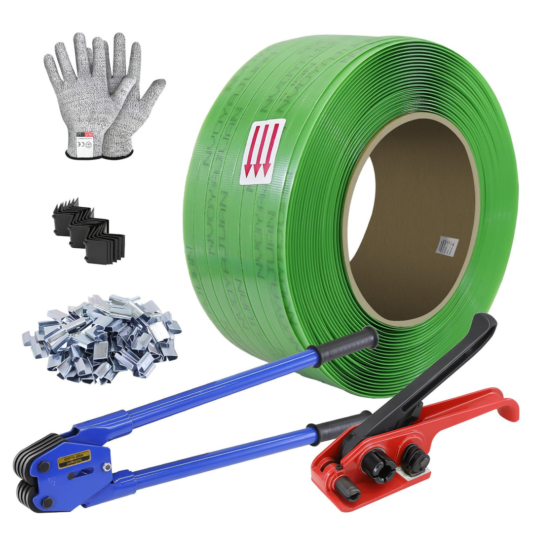 Gurtbandverpackungsset mit 12mm x 1000m grünem Polyester (PET)-Band, 200 Metallverschlüssen, Spannge