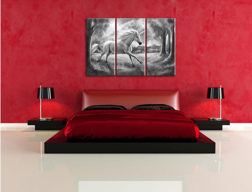 Pixxprint Einhorn im Wald bei Sonnenuntergang Kunst B&amp;W 3-Teiler Leinwandbild 120x80 Bild auf Leinwa