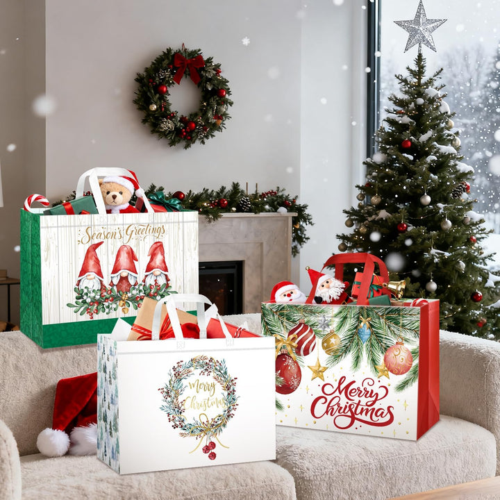 DECHISY 6 Stück Weihnachtstüten Gross, Geschenktüten Weihnachten mit Griffen, Non Woven Weihnachtsge