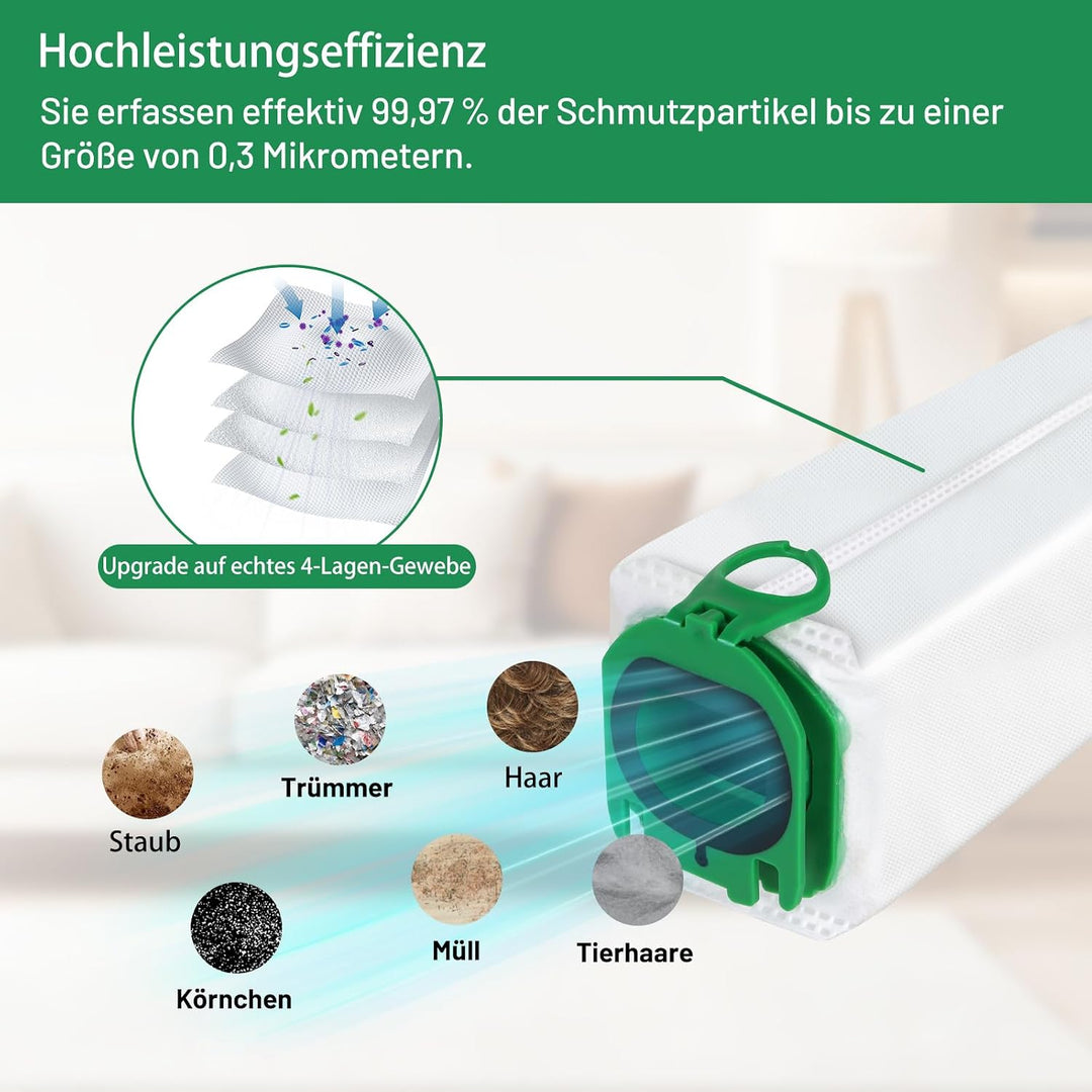 Staubsaugerbeutel für Vorwerk Kobold VB100 FP100 Akku-Staubsauger | 12 Stück Staubbeutel mit 3 Motor
