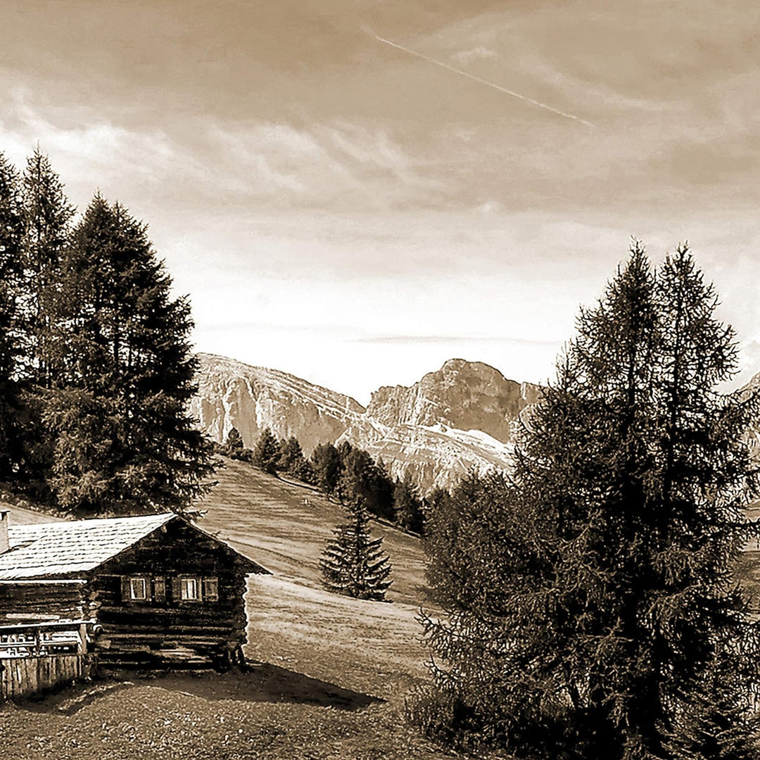 Feeby Bilder Berge 300x140 cm - Leinwandbild 5 Teilig XXL Kunstdruck Hütte Bäume Sepia Leinwandbild