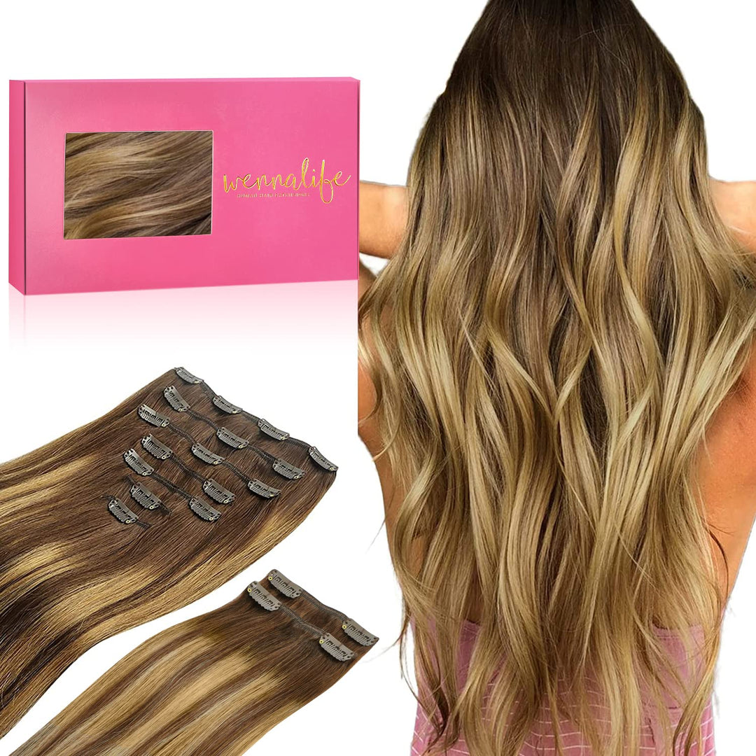 WENNALIFE Clip In Extensions Echthaar, 150g 60cm 9pcs Balayage Schokoladenbraun bis Karamellblond Cl