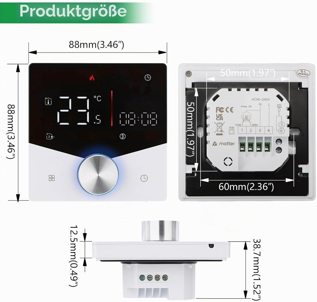 Wengart Matter Thermostat WG009, Smart WLAN Raumthermostat für Wassergeführte Fussbodenheizung, AC 2