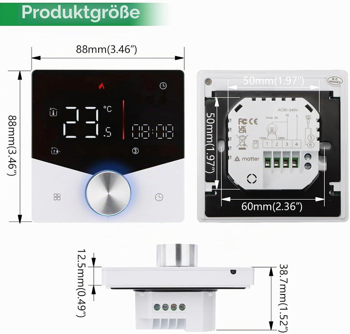 Wengart Matter Thermostat WG009, Smart WLAN Raumthermostat für Wassergeführte Fussbodenheizung, AC 2