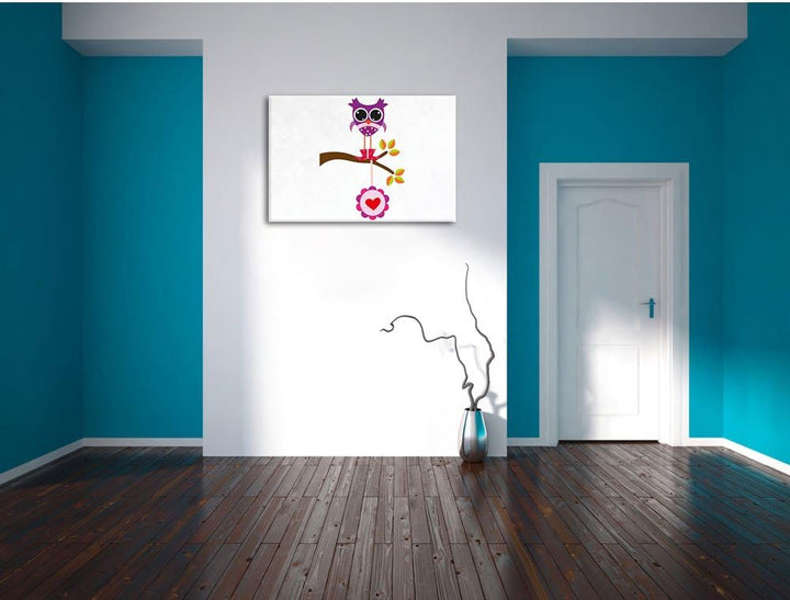 Pixxprint Süsse Eule auf AST mit Anhänger als Leinwandbild/Grösse: 100x70 cm/Wandbild/Kunstdruck/fer