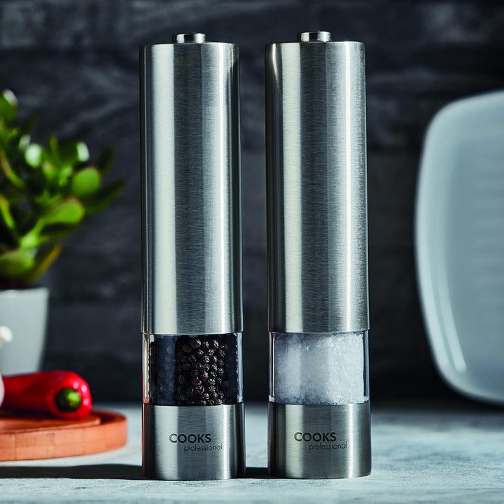 Cooks Professional Elektrisches Salz- und Pfeffermühlen-Set mit Bambusboden | Batteriebetriebene aut