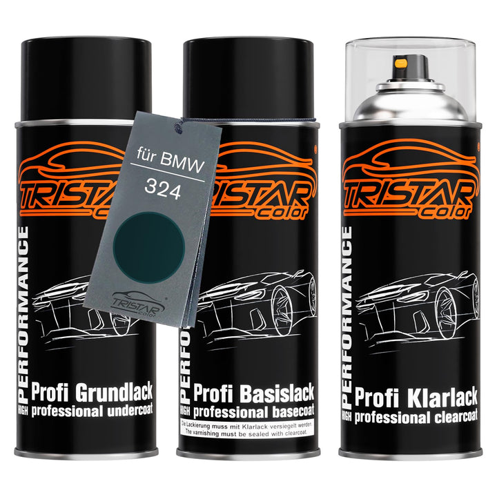 TRISTARcolor Autolack Spraydosen Set für BMW 324 Oxfordgrün Metallic Grundlack Basislack Klarlack Sp