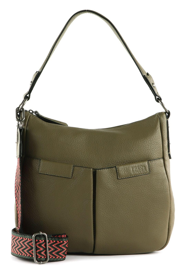 FREDsBRUDER Crilly Schultertasche Leder 28 cm Schwarz/Rot/Khaki/Dunkelgrün, Schwarz/Rot/Khaki/Dunkel