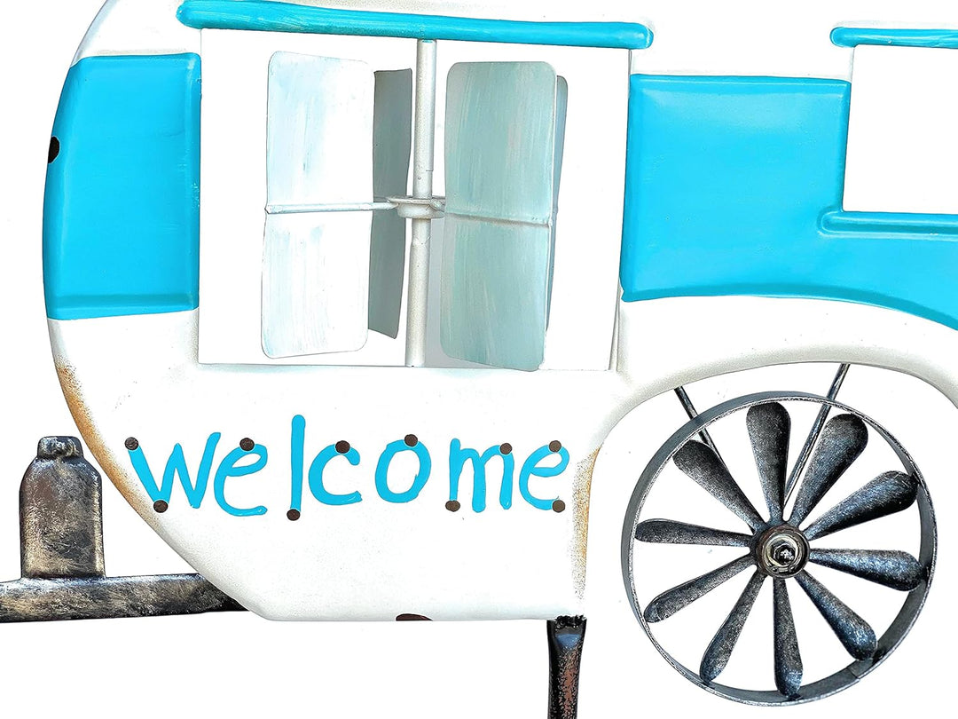 DanDiBo Gartenstecker Metall Wohnwagen XL 160 cm Blau Weiss Caravan 96103 Windspiel Willkommen Windr