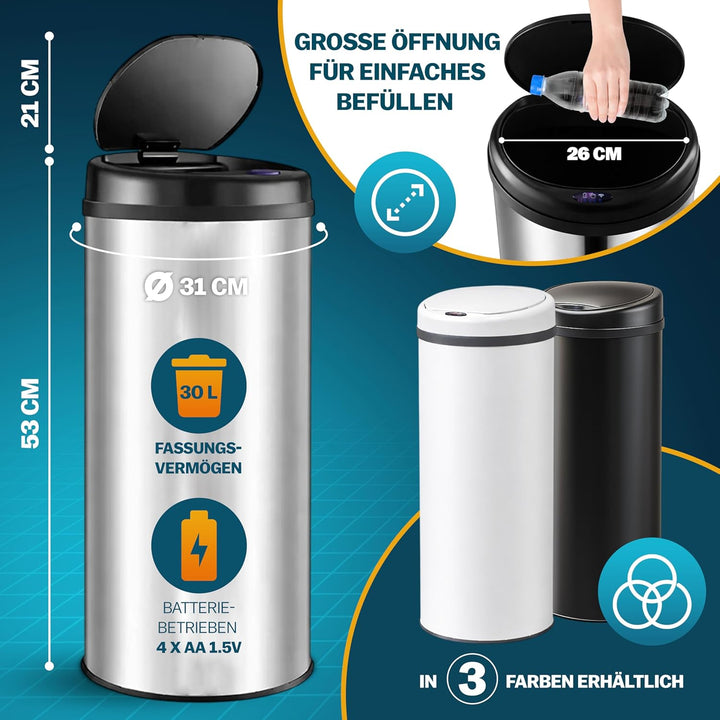 Monzana® Mülleimer Küche mit Deckel Sensor 30L Edelstahl USB Ladekabel Berührungslos Hygienisch Papi