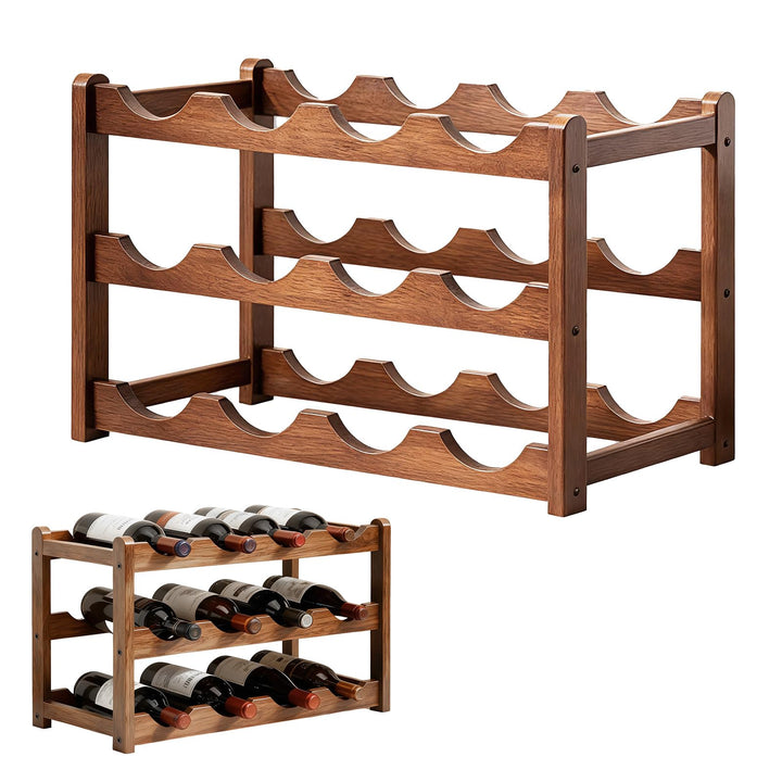 Dreistufiges Weinregal Holz,Flaschenregal,Stapelbares Flaschenregal für 12 Flaschen, Dunkle Oberfläc