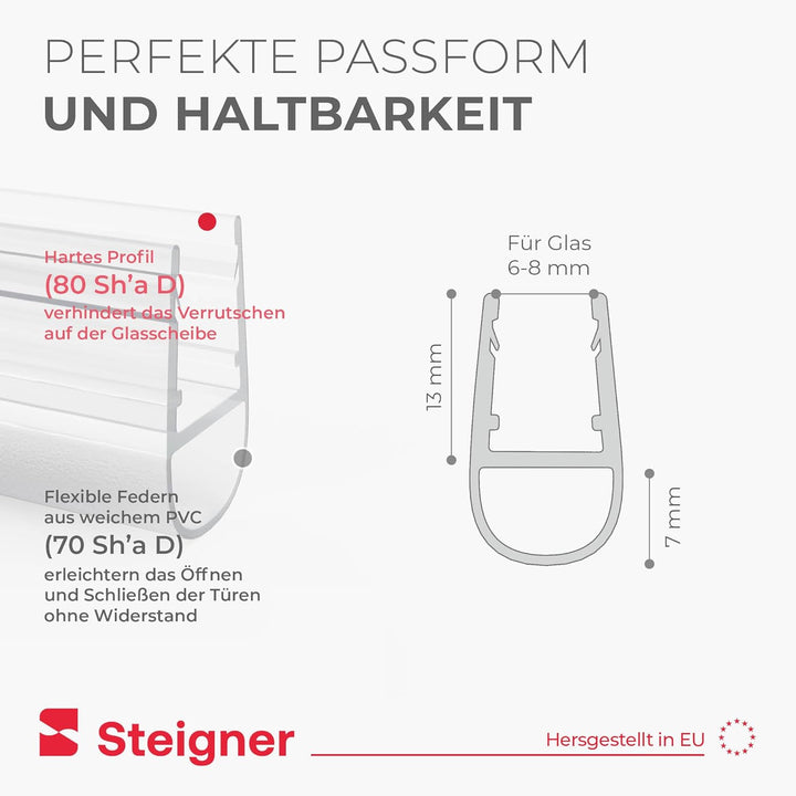 STEIGNER Duschdichtung, 60cm, Glasstärke 6/7/ 8 mm, Gerade PVC Ersatzdichtung für Dusche, UK07 UK07