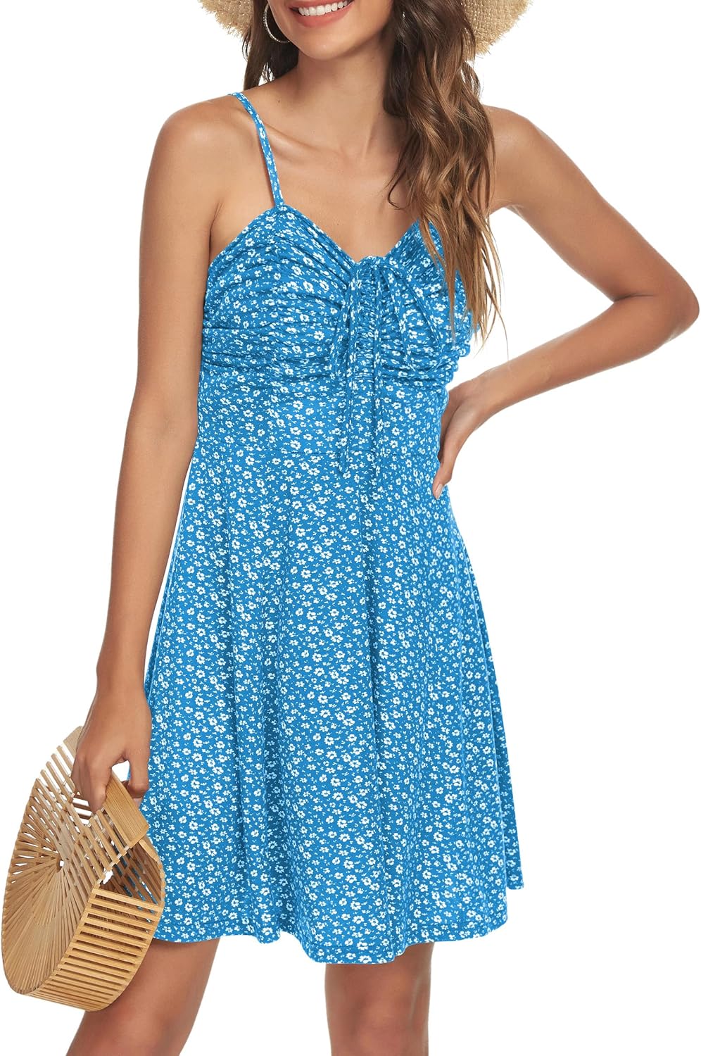 Missufe Damen Sommerkleid Swing Blumenkleid Freizeitkleid Spaghettiträger Cami Kleider M Blau, M Bla