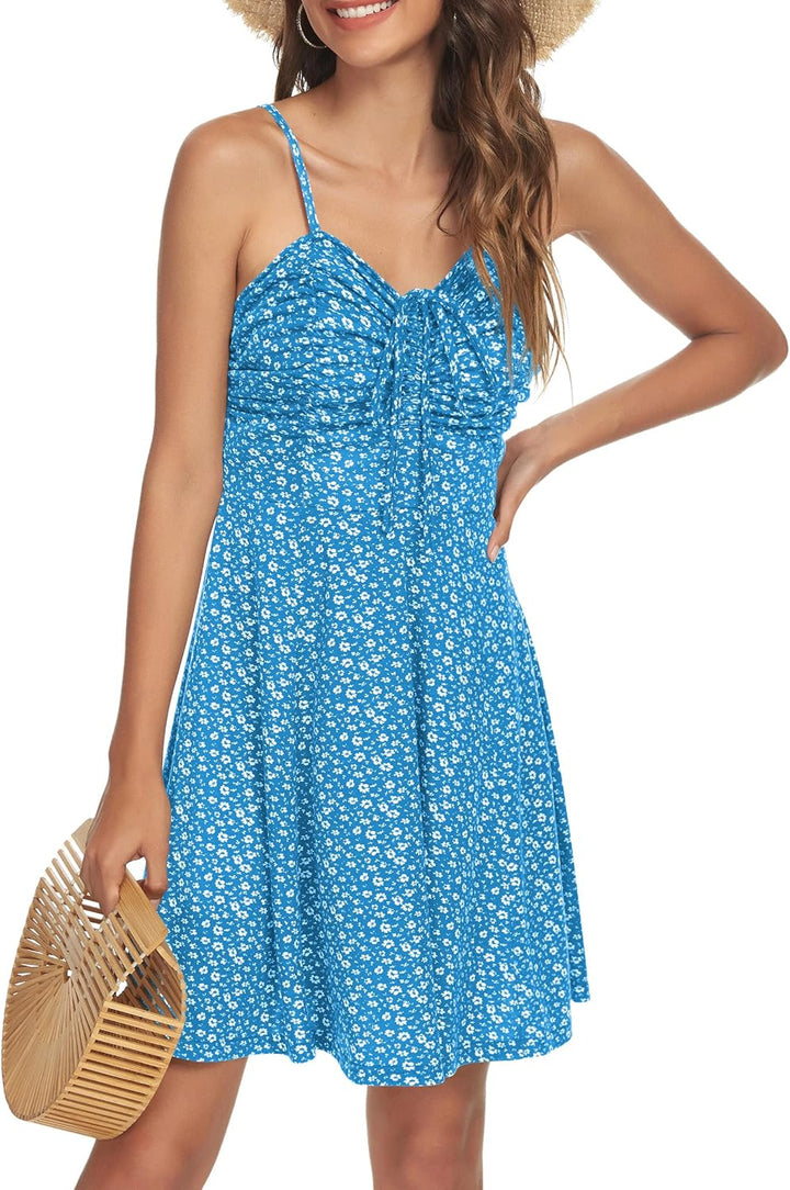 Missufe Damen Sommerkleid Swing Blumenkleid Freizeitkleid Spaghettiträger Cami Kleider M Blau, M Bla