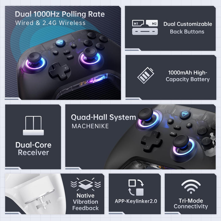 Machenike G3V2 Bluetooth Controller für PC/Switch/iOS/Android, Hall Effekt Joysticks, RGB-Beleuchtun