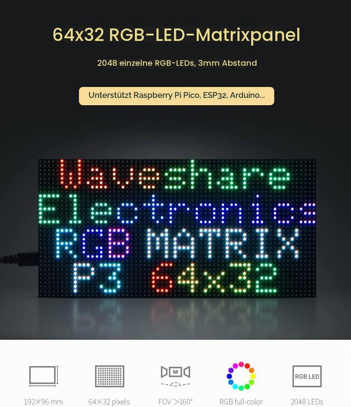 Waveshare RGB Full-Color LED Matrix Panel 64×32 Pixels Display Screen 3mm Pitch Digital Led Module A