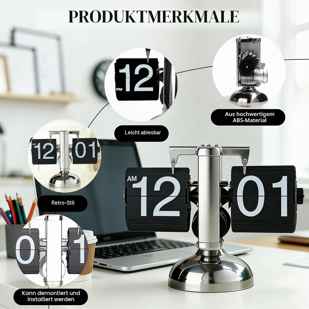 Flip Uhr Retro, Flip Schreibtischuhr, Schreibtischuhr Vintage Design, Automatisches Drehen Retro Dig