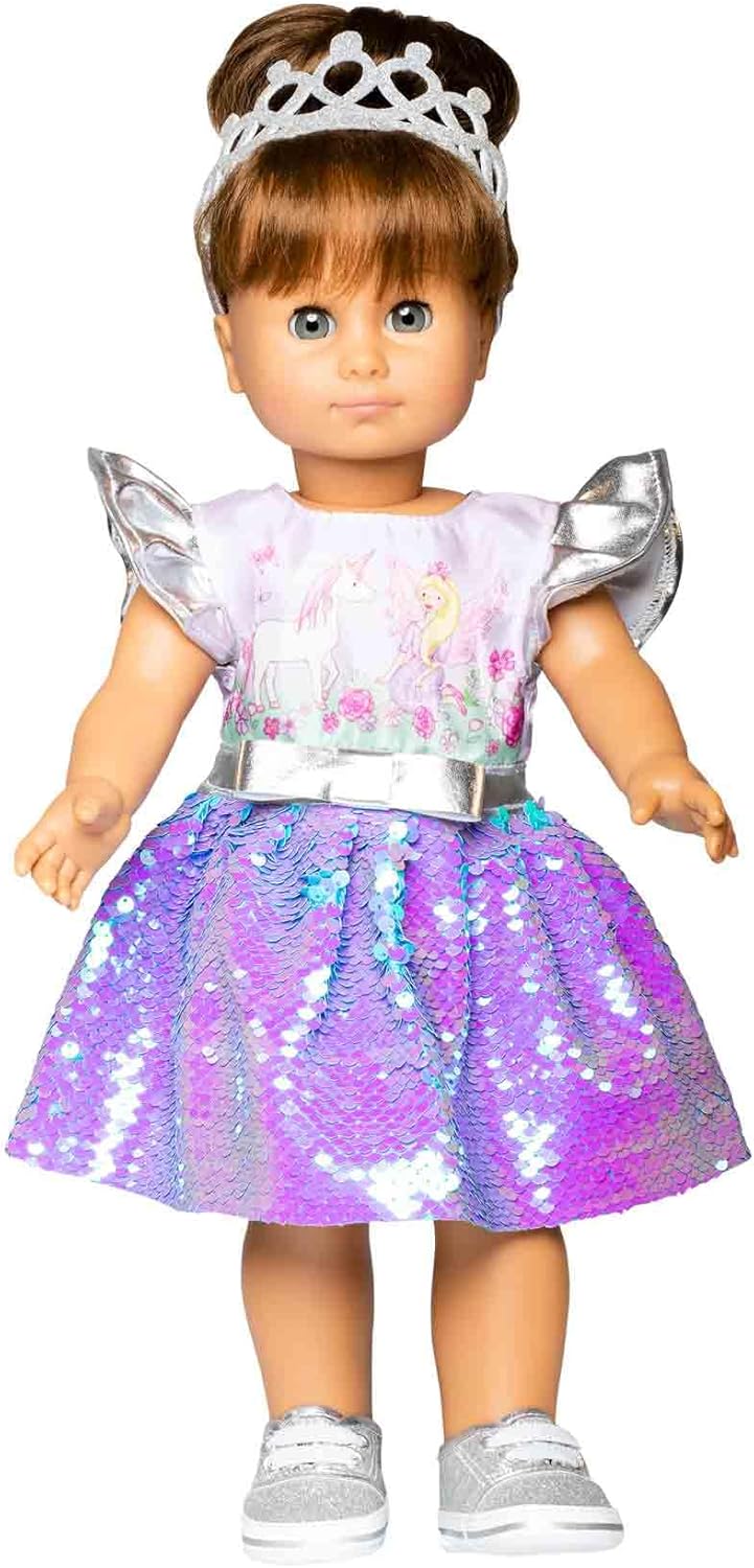 Heless 1131 - Kleid für Puppen im Design Fee und Einhorn, mit Wendepailletten und silberner Krone, G