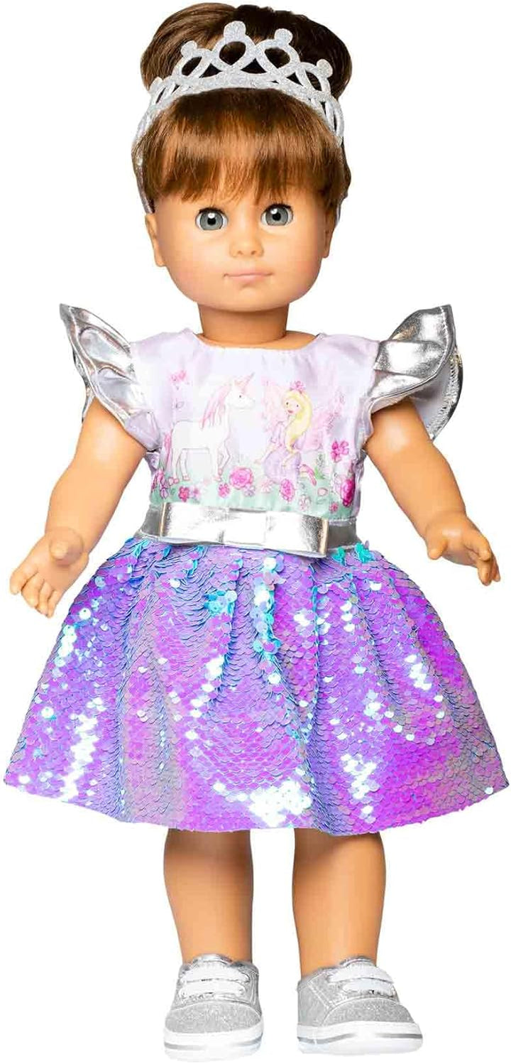 Heless 1131 - Kleid für Puppen im Design Fee und Einhorn, mit Wendepailletten und silberner Krone, G